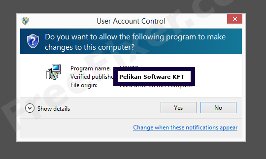 Screenshot where Pelikan Software KFT appears as the verified publisher in the UAC dialog